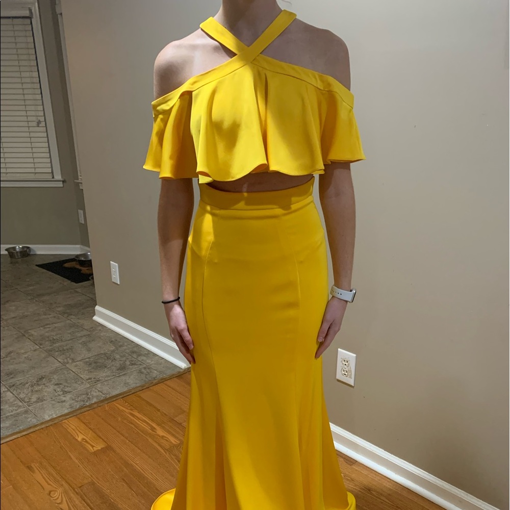 Mac Duggal yellow two piece prom/formal dress